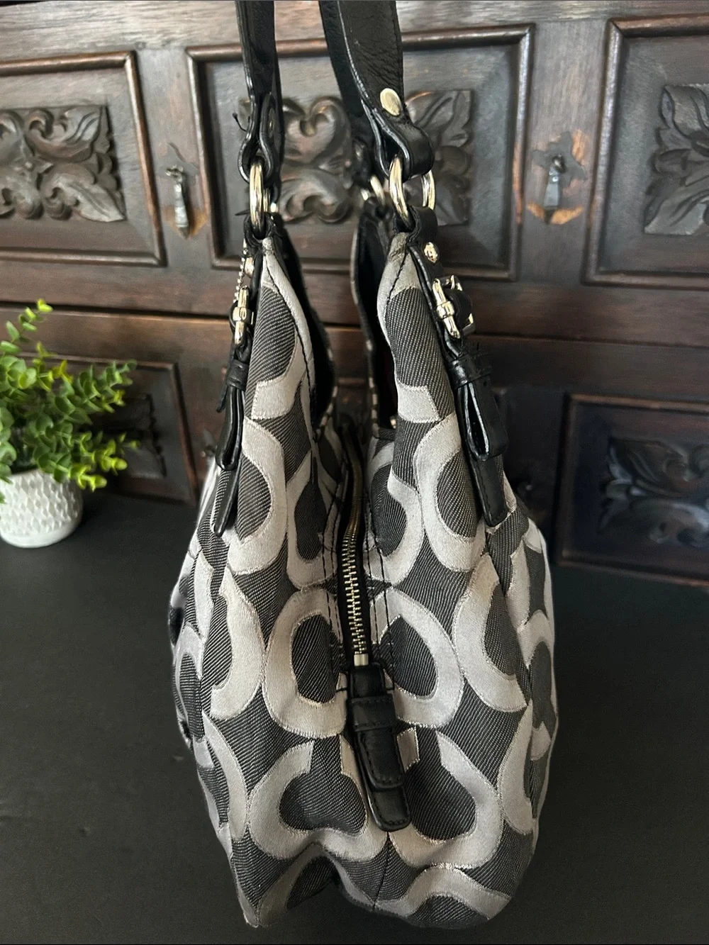 Coach Black & Gray Signature Canvas Shoulder Bag
